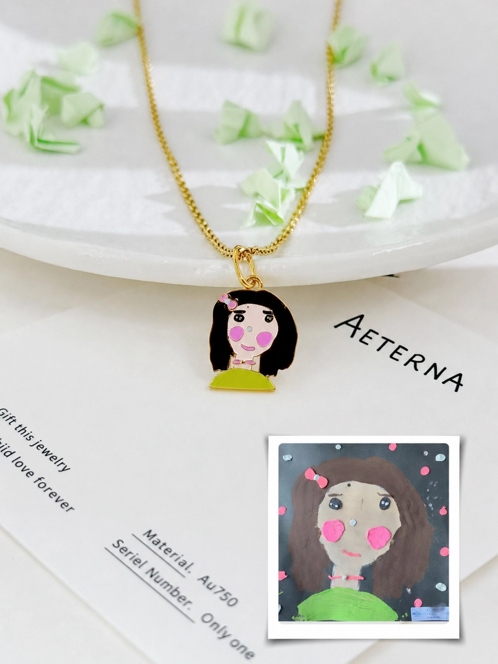 Custom child's drawing pendant in hand-painted enamel
