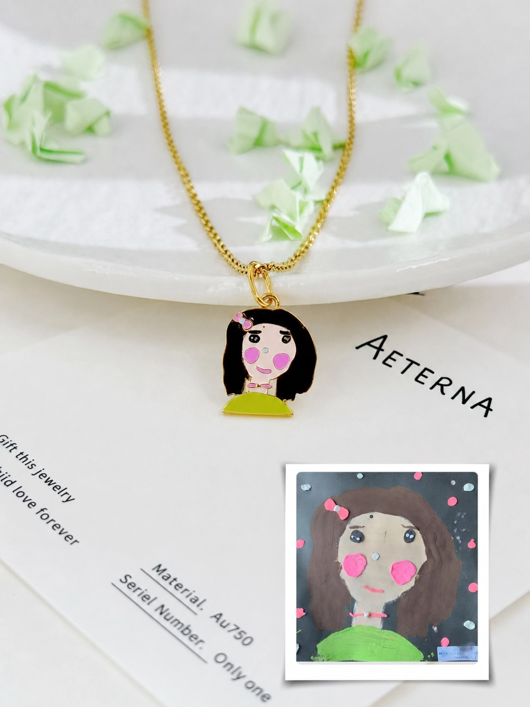 Custom child's drawing pendant in hand-painted enamel