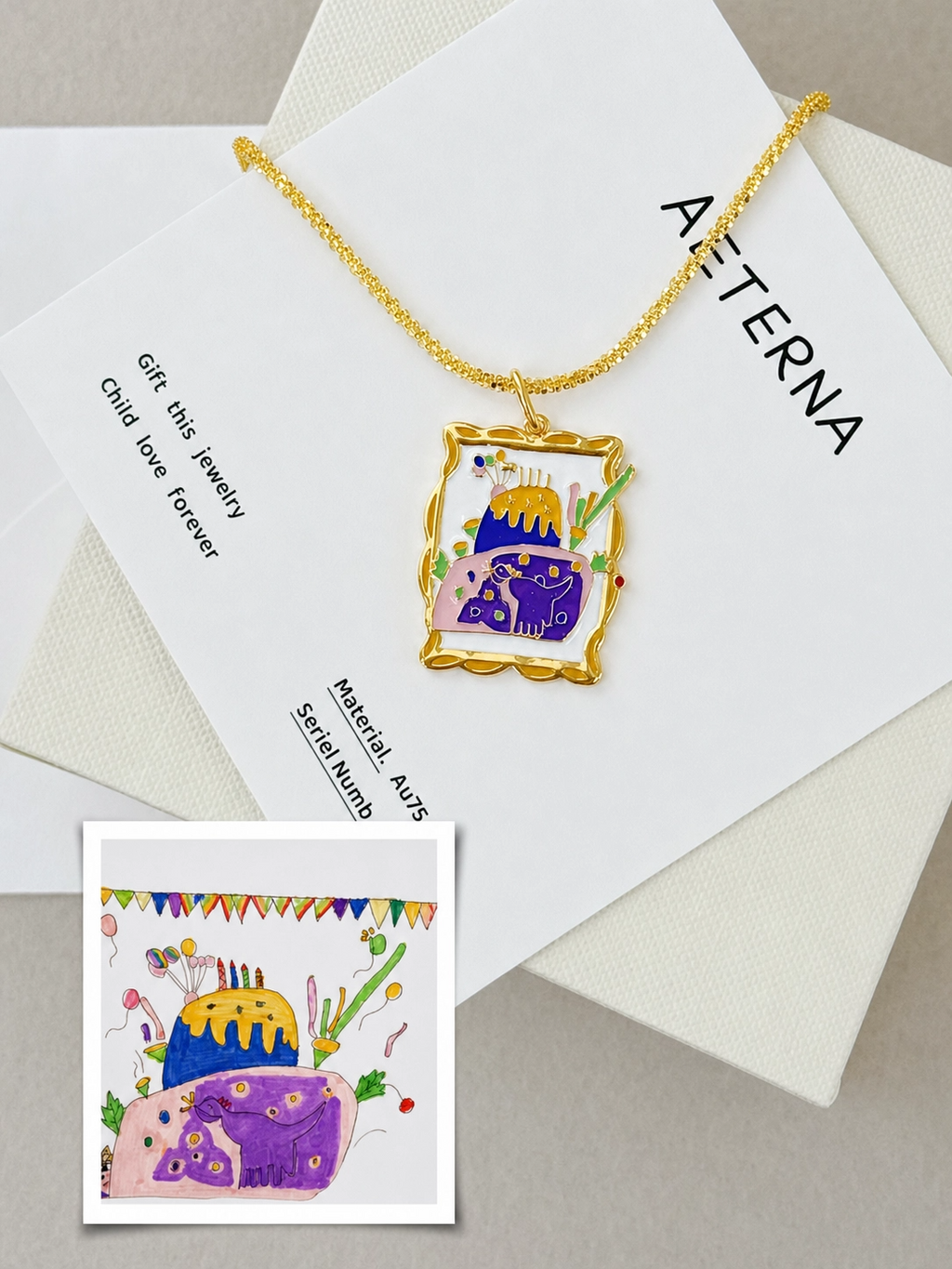 Birthday cake children's drawing enamel pendant