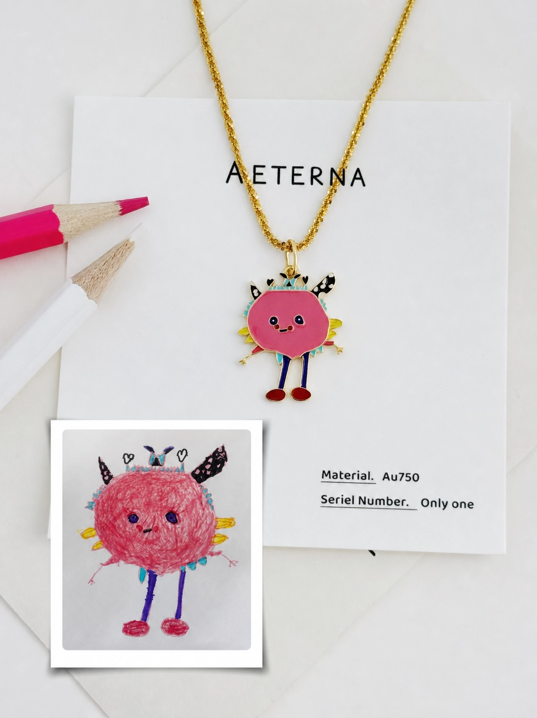 Custom children's drawing enamel pendant with pink monster artwork