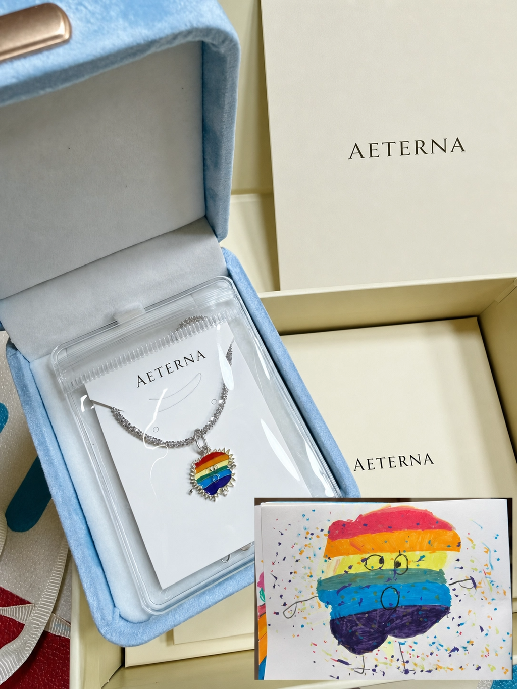 Rainbow heart children's drawing enamel necklace