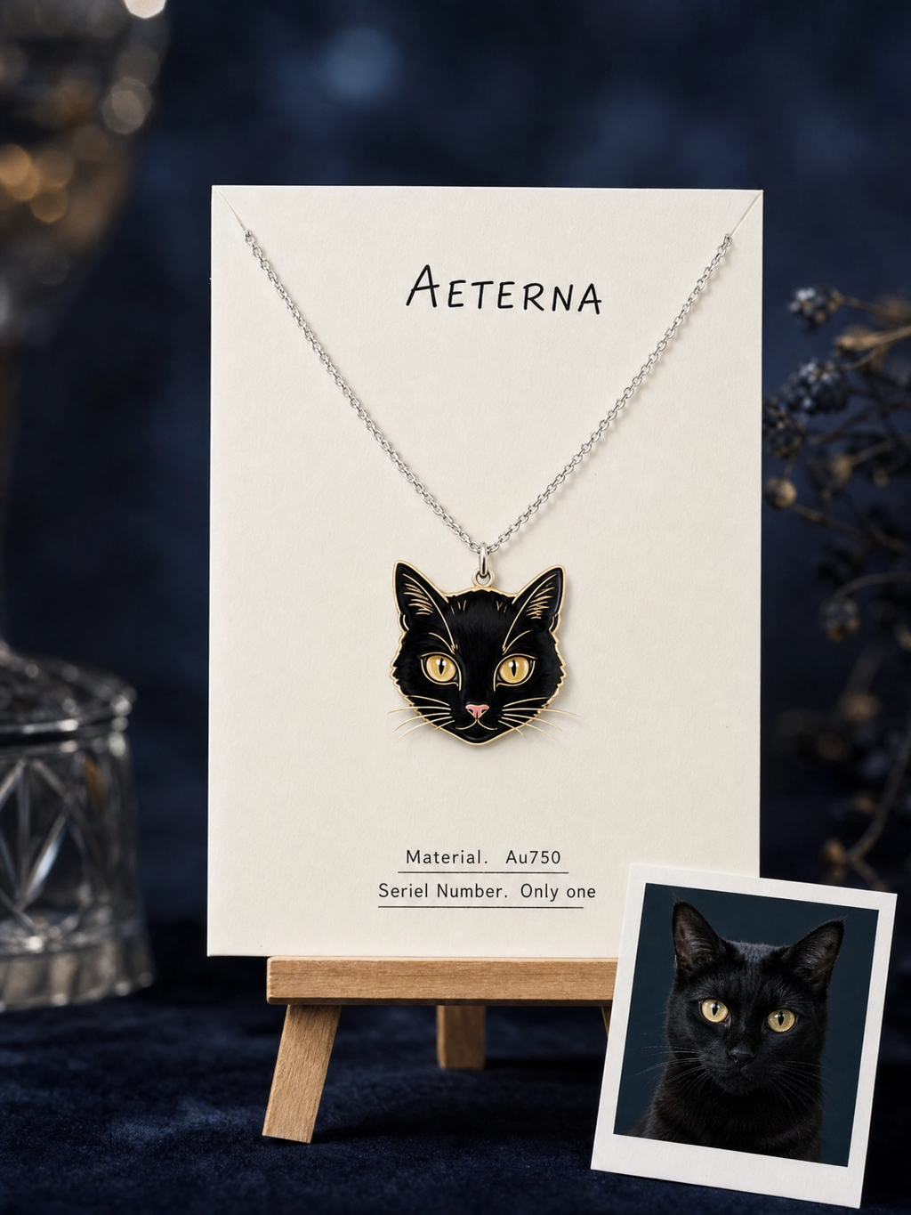 Custom black cat portrait enamel necklace